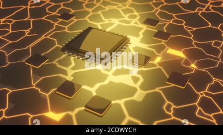 Background tecnologico, unità di elaborazione centrale CPU su scheda a circuito stampato con connessioni incandescenti, concetto di microprocessore futuristico, rendering CGI 3D Foto Stock