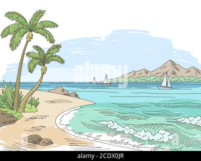 Sea Bay Coast grafico colore paesaggio schizzo Seascape illustrazione vettore Illustrazione Vettoriale