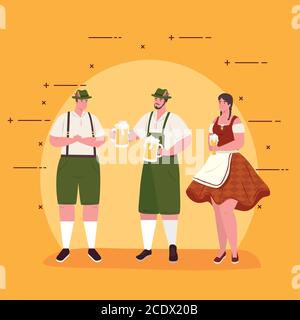 cartoni animati oktoberfest uomini e donne con stoffa tradizionale e birra disegno vettoriale Illustrazione Vettoriale