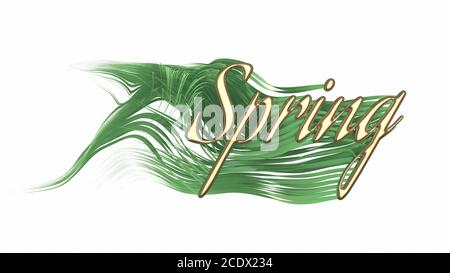 La parola scritta a molla realizzati con oro e la crescita verde e fresca erba ondulate. 3d'illustrazione. Isolato su sfondo bianco Foto Stock