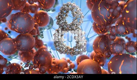 8 marzo simbolo otto fatto di sfere d'oro che volano nello spazio e rotondo per cornice. Può essere utilizzato come grugnoso saluto decorativo Foto Stock