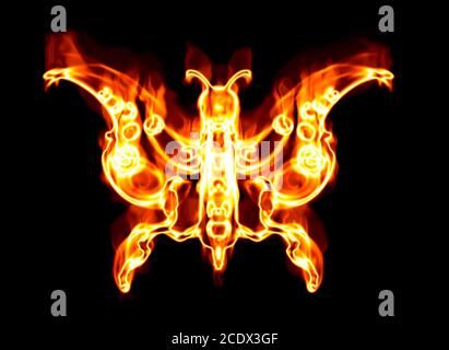 Illustrazione della farfalla della fata bruciante fatta di fuoco su un sfondo nero Foto Stock