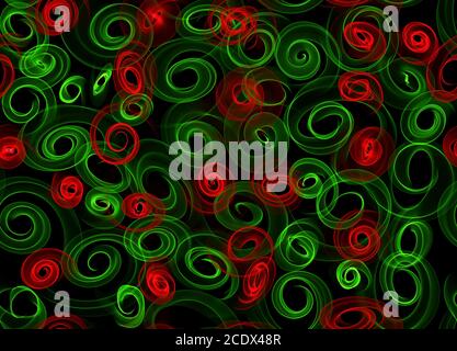 Incandescente verde e rosso e linee curve cerchi scuri su sfondo astratto perfetta illustrazione pattern. Foto Stock