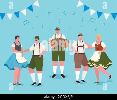 cartoni animati oktoberfest uomini e donne con tradizionale vettore di danza stoffa design Illustrazione Vettoriale