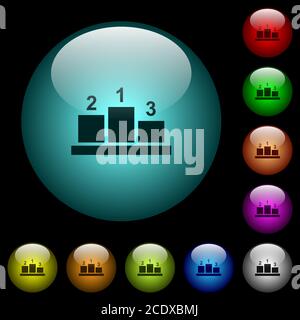 Podio dei vincitori con numeri esterni icone di colore illuminato pulsanti sferici in vetro su sfondo nero. Può essere utilizzato per modelli neri o scuri Illustrazione Vettoriale