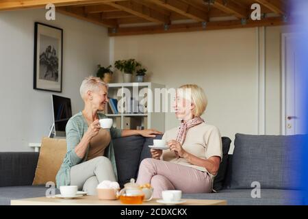 Due donne mature sorridenti e che parlano tra loro seduto sul divano e bevendo il tè nel soggiorno Foto Stock