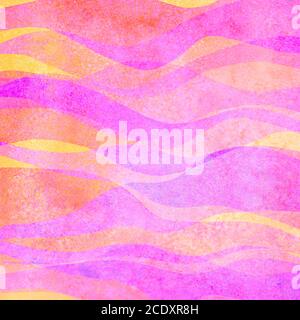 Acquerello onda trasparente grunge rosa colorato, magenta, arancione, sfondo viola. Illustrazione delle onde dipinte a mano con acquerello. Sguazzatura del telaio del banner Foto Stock