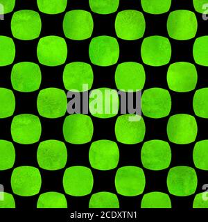 Motivo geometrico senza cuciture con forme astratte di colore verde acquerello su sfondo nero. Acquerello disegno a mano polka dot texture. Stampa per tessuto, wal Foto Stock