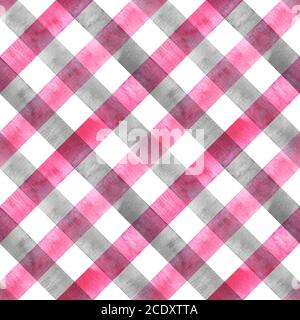 Motivo a righe diagonali acquerello senza cuciture. Sfondo colorato a strisce grigie e rosa. Motivo a strisce disegnato a mano con acquerello. Stampare per il panno Foto Stock