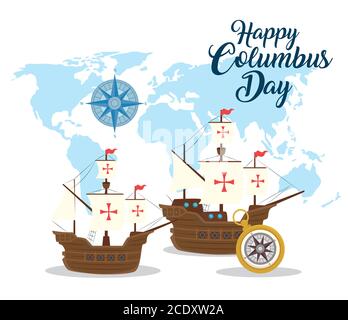 Columbus navi e bussola di felice columbus giorno vettore disegno Illustrazione Vettoriale