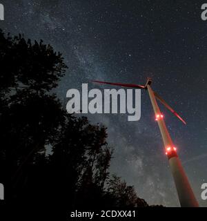 Turbina eolica industriale in mezzo alla foresta, nightshot con strada lattea e cielo stellato. Inversione di tendenza dell'energia di sostenibilità. Foto Stock