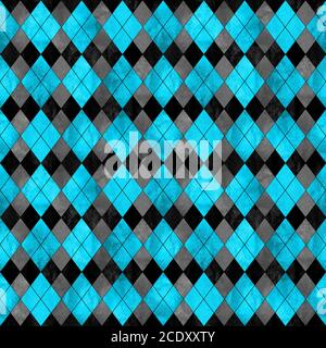 Coloratissimo motivo a plapide senza cuciture argyle. Acquerello disegno mano trama sfondo. Acquerello blu e nero rombi forme sfondo. Stampa per coagulo Foto Stock