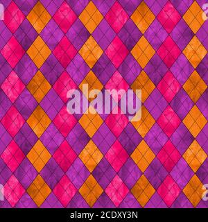 Coloratissimo motivo a plapide senza cuciture argyle. Acquerello disegno mano trama sfondo. Acquerello rosa viola arancio rombo forme sfondo. Stampa per Foto Stock