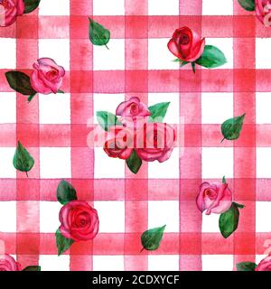 Sfondo con rose rosa rosso acquerello su strisce rosse motivo plaid senza cuciture. Acquerello dipinto a mano a strisce vecchio grunge texture. Stampa per textil Foto Stock