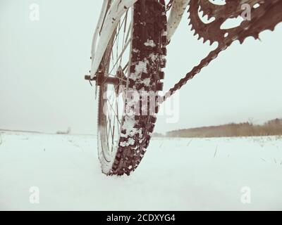 Dettaglio ruota posteriore di mtb. Fiocchi di neve che si fondono su pneumatici scuri fuori strada. Inverno in campo. Foto Stock