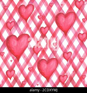 Sfondo acquerello con cuori rossi su strisce di plaid rosso motivo senza cuciture. Acquerello dipinto a mano a righe festive grunge texture. Stampa per textil Foto Stock
