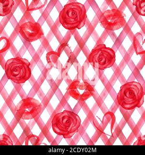 Sfondo vintage con cuori, labbra, rose rosso acquerello su motivi rosso plaid senza cuciture. Acquerello dipinto a mano a strisce vecchio grunge texture. Foto Stock