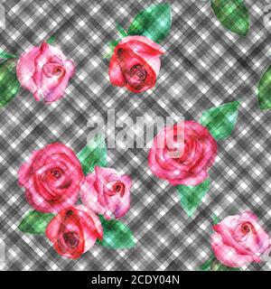Sfondo con rose rosa rosso acquerello su strisce nere motivo plaid senza cuciture. Acquerello dipinto a mano a strisce vecchio grunge texture. Stampa per testo Foto Stock