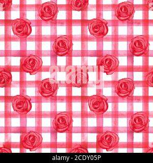 Sfondo con rose rosa rosso acquerello su strisce rosse gingham plaid motivo senza cuciture. Acquerello dipinto a mano a strisce vecchio grunge texture. Stampa per Foto Stock