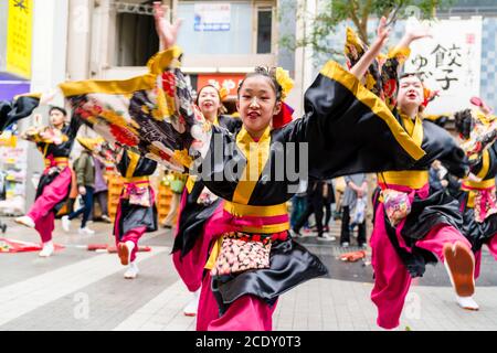 Primo piano di una squadra giapponese di ballerini yosakoi che indossano yukata a maniche lunghe danzando con una giovane ballerina di fronte allo spettatore, a contatto con gli occhi. Sfocatura del movimento. Foto Stock