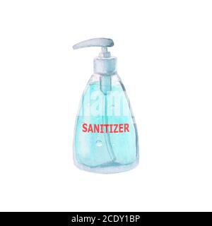 Igienizzatore acquerello blu gel per l'igiene delle mani isolato su sfondo bianco. Illustrazione disegnata a mano con acquerello. Prevenzione del coronavirus. Corona virus Foto Stock