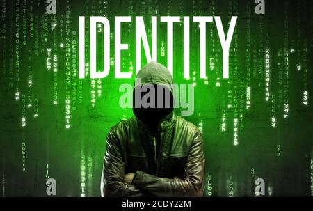 Hacker senza volto con ISCRIZIONE DI IDENTITÀ, concetto di hacking Foto Stock