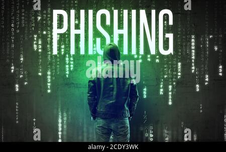 Hacker senza volto con iscrizione DI PHISHING, concetto di hacking Foto Stock