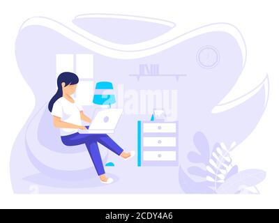 Home Office Concept, Donna che lavora da casa, studente o freelance. Illustrazione vettoriale in stile piatto. Illustrazione Vettoriale