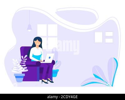 Home Office Concept, Donna che lavora da casa, studente o freelance. Simpatica illustrazione vettoriale in stile piatto. Illustrazione Vettoriale