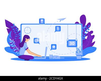 illustrazione vettoriale di una donna che lavora davanti a un laptop. lavoro a casa. accompagnata da un gatto. Illustrazione Vettoriale