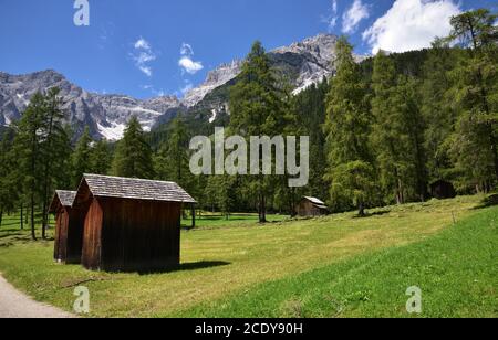 Vecchi fienili sul sentiero che attraversa i boschi sottostanti Le prime cime di Punta tre Scarperi in Val Fiscalina Foto Stock