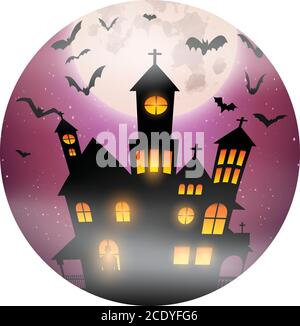 Modello vettoriale elegante per il design di Halloween - spaventoso castello ominoso e luna piena Illustrazione Vettoriale