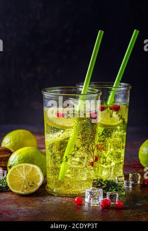 Lime Lemonata con timo, mirtillo e ghiaccio. Foto Stock
