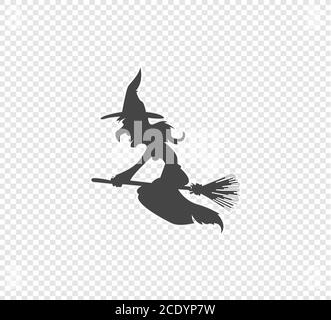 La strega vola su un bastone - modello vettoriale per il design Per Halloween su sfondo trasparente Illustrazione Vettoriale