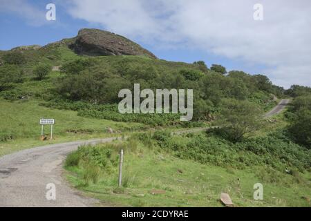 La strada di Calum passa attraverso questa immagine. Durante una giornata di sole sull'isola di raasay, il lussureggiante fogliame che circonda la storica strada sembra buono. Foto Stock