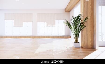 Scenografia stile tropicale interno, Grande stanza vuota interno mock up.3D rendering Foto Stock