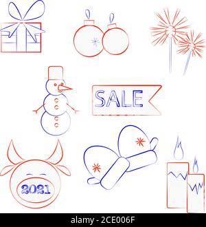 set di disegni invernali realizzati per linea Illustrazione Vettoriale