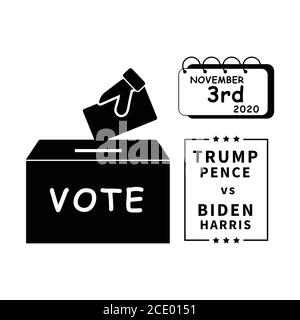 2020 elezioni presidenziali USA il 3 novembre. Voto dei voti dei Ballots per Donald Trump e Mike Pence contro Joe Biden e Kamala Harris. Nero e Whi Illustrazione Vettoriale