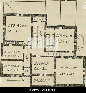 . La casa: Un manuale di architettura rurale: O, come costruire case di campagna e fuori-edifici .. M 12.3 X 14, e l'accoset, attaccato, sopra il salotto; un vivaio, 16 X16, sopra la biblioteca; un bou-doir, 9.6 X 13.6, sopra la sala, che conduce ad un balcone sopra il portico; e due camere da letto sopra il salotto, eachof che è arredato con l'accoset. Le scale che conducono al thesecond Floou Plan. torre sono situate immediatamente dietro il vivaio, e un armadio supplementare può beformed sotto le scale, se ritenuto necessario. Il nurserypuò essere formato in una forma ottangolare, se preferita, e fourc Foto Stock