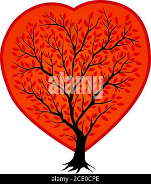 Bella clipart con la silhouette di un albero nero nella forma rossa di cuore su sfondo bianco Illustrazione Vettoriale