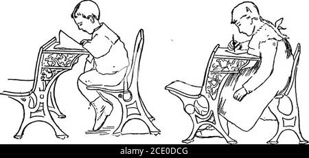 . Fattori dinamici nell'istruzione . Fig. 21. - illustrare una scrivania troppo alta per il bambino, causando l'elevazione della spalla destra per iscritto e una curva corrispondente nella colonna vertebrale.- Barry, l'igiene della stanza della scuola circostanze l'organismo si intasa, poiché non riceve il relativo dovuto di ossigeno, come conseguenza di quale il cervello deve inevitabilmente rallentare nella relativa azione. Whohas non ha visto una stanza piena di cercatori dopo la conoscenza, lyingdown sulle loro scrivanie, con tutti i processi vitali ostacolati, all'estero. Tutti concordano sui principi fondamentali del posto a sedere, e ogni readerwho interessato è riferito a P. Foto Stock