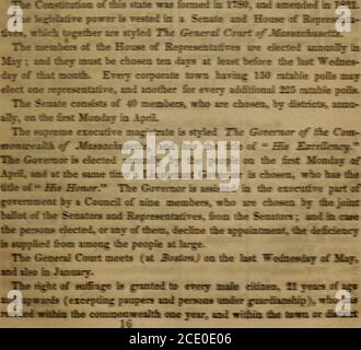 . L'almanacco americano e deposito di conoscenze utili per l'anno .. . 182 MASSACHUSETTS. In cui egli può rivendicare un diritto di voto, sei mesi civili che precedono le elezioni successive, e che ha pagato una tassa statale o di contea, valutata su himentro due anni dopo che precede tale elezione; e anche ogni cittadino che sia per legge esentato dalla tassazione, e che possa essere, in tutti gli altri aspetti, qualificato come sopra menzionato. La magistratura è investita in una Corte Suprema, in una Corte di appello comune, e in altri tribunali come la legislatura può stabilire. I giudici sono nominati dal Governatore da e con l'annuncio Foto Stock