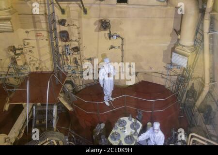 Russia, Murmansk. Rompighiaccio nucleare sovietico, il Lenin. Lanciata nel 1957, la prima nave di superficie al mondo alimentata con energia nucleare, è stata smantellata nel 1989. Foto Stock