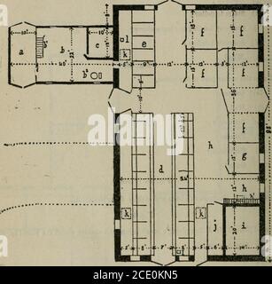 . Rapporto . Fig. 41. Fig. 42. Pianta delle case al piano terra,(a) Verandah ;{b) ingresso e scale ; 277 [cc) doppio salone e finestra a bovindo ; ((/) Camera da letto ; (e) cabina ; (/) Boudoir ; (g) cucina ; {h) scalinata alla cantina ; (i) scalinata che porta alle camere sopra ; {j) cucina estiva ; {k) legno. Fig. 42. Pianta della parte superiore della casa. A) Galleria ; {b) Sala. ; (cc) camere da letto ; (d) passaggio; (e) bagno :(/) Garret. Fig. 43. (Piastra 6). Vista del granaio e delle stalle del sig. J. Templetons, da sud. Fig. 44.piano terra del Sig. J. Templetons casa pullman e scuderie, sotto il bam (fig. 43). A) Coach Foto Stock