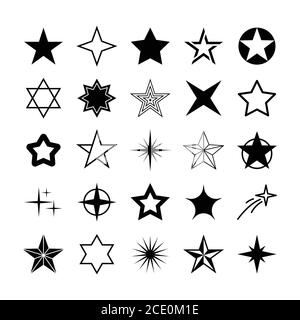 Icone a stella. Scintilla, scoppiata brillante. Simboli vettoriali stella isolata su sfondo bianco Illustrazione Vettoriale