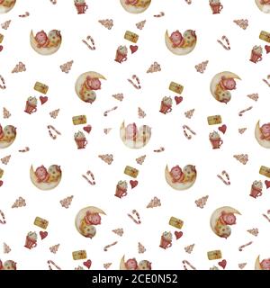 Motivo senza cuciture con orsacchiotto che dorme sulla luna e dolci decorativi di Capodanno. Pan di zenzero natalizio e caramello, tazza con schiuma e un regalo su un Foto Stock