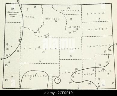 . Agricoltura secca in relazione alle piogge e all'evaporazione . 40 20 5, 0 Fig. 22.-Rainfall mappa di Washington. Le figure mostrano la pioggia annuale media in pollici. JO jo 15 Fig. 23.-Mappa della cascata del Wyoming. Le cifre mostrano la media annuale pioggia in pollici.188 46 AGRICOLTURA SECCA IN RELAZIONE ALLE PRECIPITAZIONI ED EVAPORAZIONE. Tabella VI. - precipitazioni normali delle stazioni negli Stati Uniti occidentali raggruppate in base agli stati. ARIZONA. Stazione. Contea. Elevazione. Numero di anniregistrati. Becordended - Normalprecipii-tazione. Cochise feet.4,1841.372 4923.5235.5004,9163,756 9801,3963,6102.3004,2191,9003,6882, Foto Stock