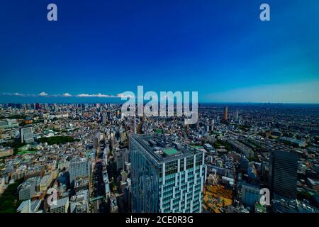 Un paesaggio urbano panoramico nell'area di Ebisu ad alta angolazione di Tokyo Foto Stock