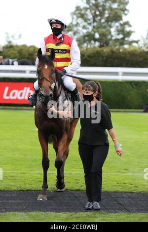 Chichester, Regno Unito. 30 agosto 2020. Un occhio Jockey Dr Guy Mitchell ha ritratto vincendo all'Ippodromo di Goodwood nel 5:20 GAY KINDERSLEY AMATEUR JOCKEYS' HANDICAP (DIV II) (Classe 5). Domenica 30 agosto 2020. Credit: Sam Stephenson/Alamy Live News Foto Stock