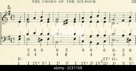 . Un trattato sull'armonia, con esercizi . I IV2 VI I /IV G+ E- P V I IVI P IVLLI P V VI -&-R ^ R «^^ LLI: I I I .-^1 ^RP |I 6 6I P I IV V V2 V I&GT; IV 6IP 6 5 5 6 54 IT 3 4 3P V I IV2 I Foto Stock